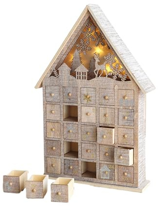 Light Up Wood Advent Calendar, Wooden Christmas Advent Calendar, LED Light and Tree House, Snowflake Reindeer, Decoration with LED Lights