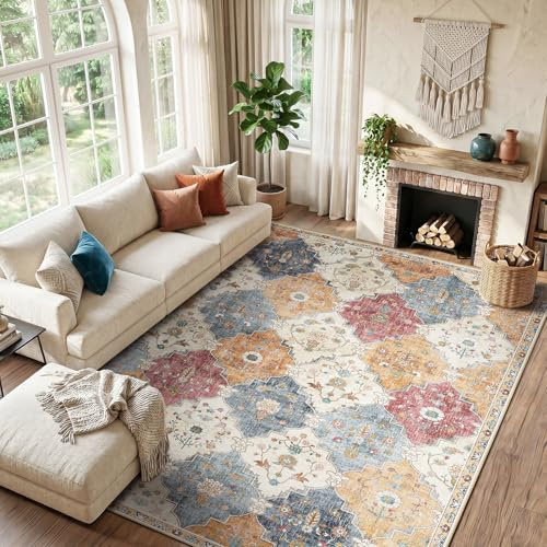 INOVADAY Teppich Wohnzimmer 160x230 cm Boho Waschbarer Teppich Orange/Rot | Moroccan, Kurzflor, Rutschfest, Teppich Schlafzimmer, Esszimmer, OEKO, Weiche, Staubsaugergeeigneter, Haustierfreundlich