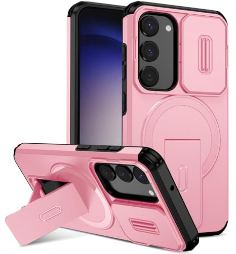Magnétique Coque Compatible avec Samsung Galaxy S23 Plus avec Couvercle de Caméra et Support Métallique Résistante aux Chocs Housse de Protection Silicone Étui pour Samsung Galaxy S23 Plus -Rose