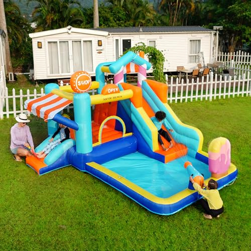 Castillo hinchable con soplador – Parque acuático hinchable con tobogán, cama elástica y canasta de baloncesto, con 2 piscinas, para jardín y niños, uso húmedo y seco (azul, 395 x 340 x 236 cm)