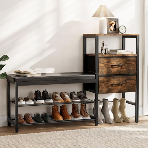 Gyfimoie Shoe Bench with Cushion, Storage Bench with Padded Seat | Hallway Bench with 2 Fabric Drawer and 3 Open Compartments, Shoe Rack Bench for Entryway Living Room Hallway, Rustic Brown