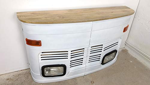 Theke Tata klein in weiß LKW Front - Tresen mit Beleuchtung - Verkaufstheke im Vintage Look für Rezeption oder Empfang - Empfangstresen aus Metall und Holz - Empfangstisch im LKW-Design Bartisch