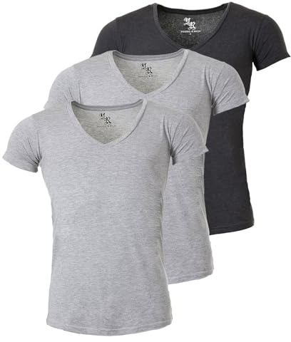 Young & Rich Herren Uni T-Shirt mit extra tiefem V-Ausschnitt slimfit stretch Dehnbare Passform einfarbiges Basic Shirt - 3er Pack