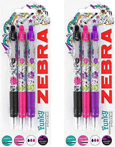 Zebra Z-Grip Funky Brights - Floral Pattern Retractable Black Ballpoint Pen - Assorted 6 Pack