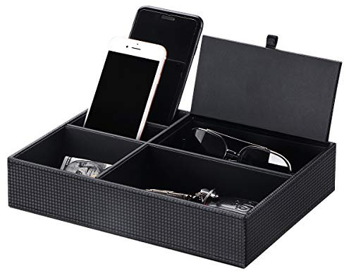 BEWISHOME Mens Valet Tray Dresser Organizer Nightstand Organizer for Accessories Mens Jewelries, Carbon Fiber Faux Leather, Black SSH06C