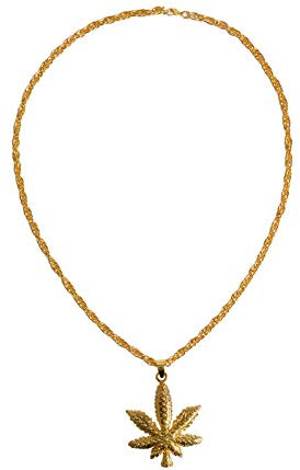Alsino Mariuhana Halskette Hanfblatt Rapper Auffällige Weed Kette mit geriffelter Oberfläche Schmuck Kostüm Fasching Karneval Faschingskostüm (gold)