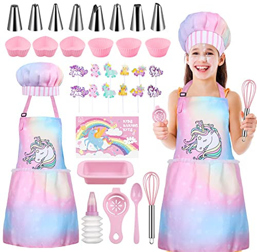Gemeer Trajes de Cocina y horneado para niños 34 Juegos, incluidos Delantales, Gorros de Chef, Guantes y Disfraces para niños, Rosa Disfraces de Chef, Juegos de rol Profesionales 3-7 años