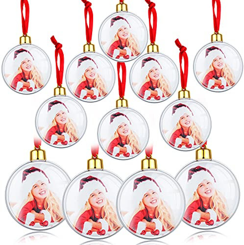 Skylety 12 Pieces Photo Ornament Ball Plastic Christmas Hanging Personalized Frame Baubles for DIY Holiday Party Valentine's Day Decorations Picture Decors, Red