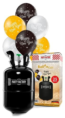 Party Factory `Happy New Year´ Komplett-Set, 25 Latexballons in Gold/Silber/Schwarz inkl. Ballongas und Schnur für Silvester