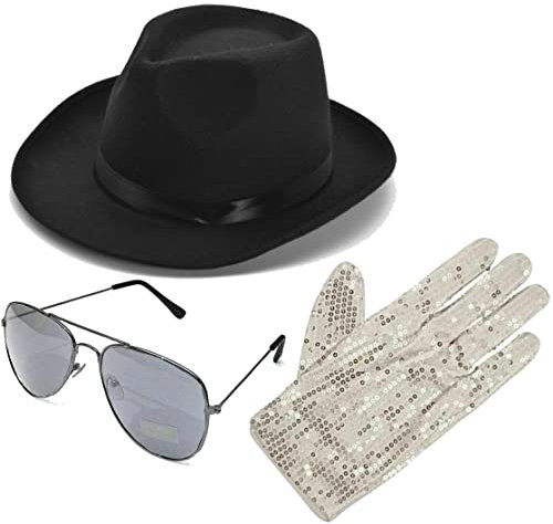 Dreamzfit Michael Jackson Hut für Erwachsene, Paillettenhandschuh und Fliegerschattierungen, Set – Popstar, Gangster, Cosplay, Party, Kostüm, Schwarz