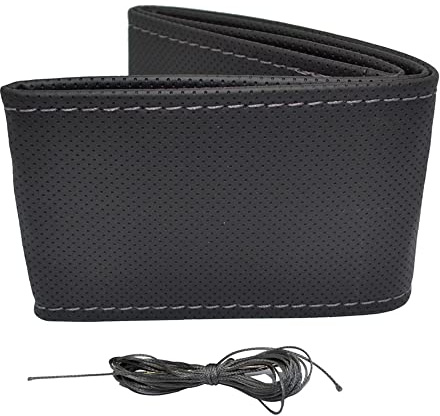 otoM Universelle Lenkradhülle Classic - Schwarz perforiertes PVC Leder + Graue Nähte (Schnürung)