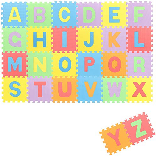 COM-FOUR® 26-teiliges Bodenpuzzle, weiche Puzzlematten mit Buchstaben, optimal für Kinder ab 2 Jahren, praktisches Bodenschutzpolster [Farbmischung variiert]