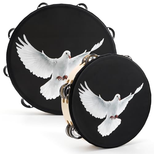 Elsjoy 2er Set Kirchentamburine 25.4 cm und 20.3 cm Black Dove Tamburine mit zweireihigen Schellen Holz Handglocke Klatschtrommel Schlaginstrument für Kirchenchor