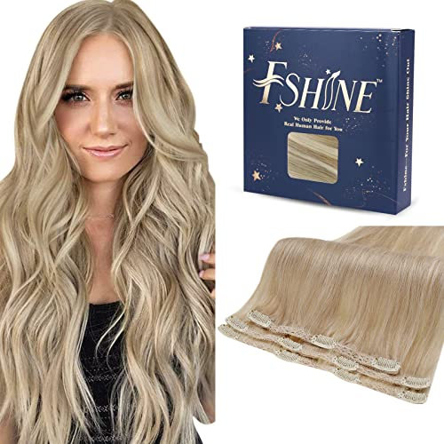 Fshine Clip in Extensions Echthaar, 30cm 50g 3 Stücke Echthaar Extensions Clip Günstig Aschblond Hervorgehobenes Goldblond Menschliches Haar Farbe 16P22