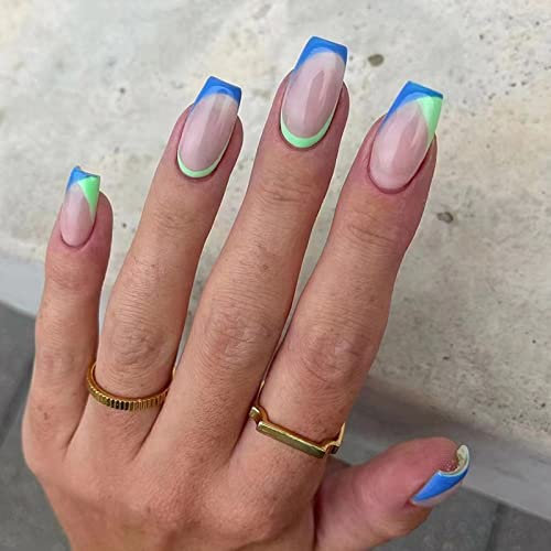 24 Pièces Clous Moyens Press on Ongles, Bleu et Vert Faux Ongles avec Autocollants de Colle, Coffin Artificiels Faux Ongles à Coller, Ballerine Faux Ongles pour Femme et Fille