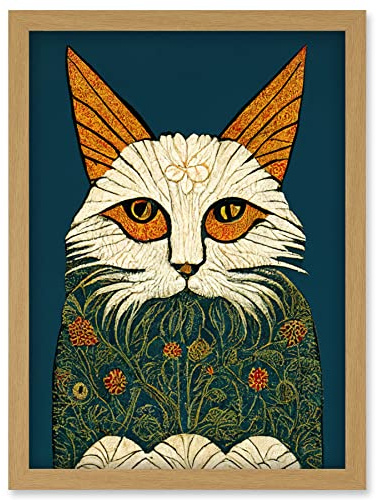 Doppelganger33 LTD Melancholy Moggie Cat Illustration William Morris Style Teal Gold Artwork Framed Wall Art Print A4