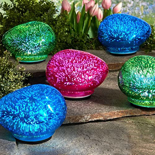 HAC24 3er Set LED Leuchtsteine Glas 17 x 14,5 cm Batteriebetrieben Dekostein Bodenleuchte Gartenleuchten Dekolampe