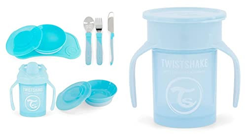 Twistshake Ensemble de Vaisselle pour Bébé - 4 Pièces | 1x Set de Table Bébé | Bleu Clair & 360 Cup Gobelet d'Apprentissage à Boire à Bec 230 ml, Tasse d'Entraînement Bébé à Bec, Bleu Pastel 78929