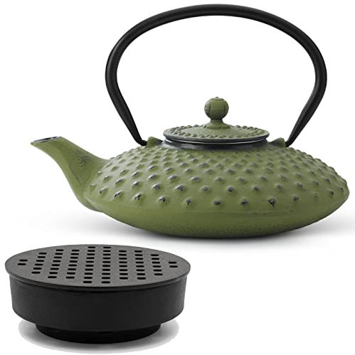 Bredemeijer Guss-Teekanne Set 0.8 Liter - grüner flacher asiatischer Teekessel mit Edelstahl Tee-Filter Sieb-Einsatz für losen Tee & Teewärmer