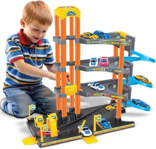 Xwin Sportseries Spiral Parking Garage Toy Set for Kids, 4-Story Parking Lot Playset Preschool Car Games Toys for Kids Vehicle Playsets Race Car Ramp Track Toy for 5 6 7 Year Old