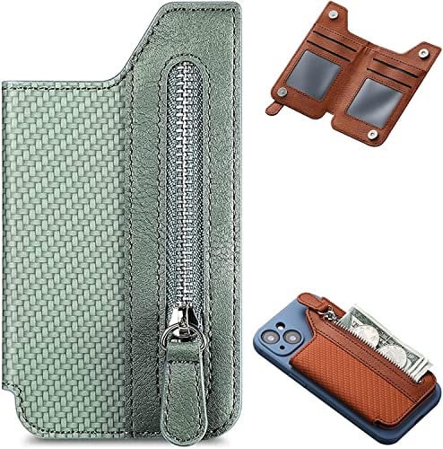 Multifunctional Adhesive Phone Wallet Card Holder,Universal Cell Phone Stick On Card Wallet Sleeve with Zipper,Textured Leather Mobile Phone Stand for Back Case,Flip Bracket (Green)