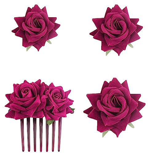 SUNTRADE 4 Pieces Women Rose Hairpin, Bridal Rose Brooch Hair Clip Wedding Floral Clips for Woman Girl Party Wedding (RoseRed)