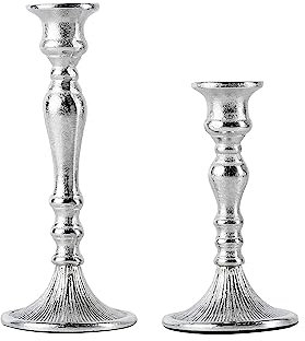 2er Set Kerzenständer Kerzenhalter Aluminium Silber Deko - Kerzenleuchter Modern für Stabkerzen - Tischdeko Hochzeit - Dekoration Wohnzimmer - H 19 und 25 cm