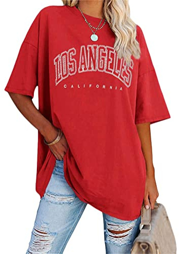 Tomwell Damen Los Angeles Brief T-Shirt Rundhals Oversize Oberteile | Sommer, Kurzarm, mit Buchstaben Druck, Locker, Vintage, Lang, Sport, für Teens