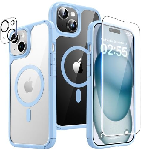 TAURI 5 in 1 für iPhone 15 Hülle [Kompatibel mit MagSafe] [Schutz in Militärqualität], 2 Panzerglasfolie + 2 Kameralinsenschutz, Handyhülle iPhone 15 Case 6,1 Zoll - Hellblau