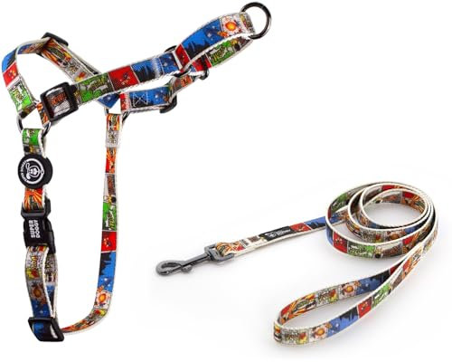 Harnais Anti Traction pour Chien - Harnais Easy Walk avec Laisse - Collier de Poitrine pour Grands, Moyens et Petits Chiens - Dressage, Prévention de L'étouffement et Réglable (Comic, M)