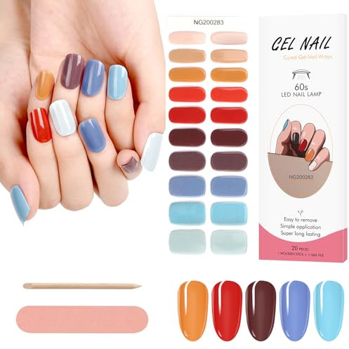 Kalolary 20PCS Strisce Smalto Gel, Rosso Adesivi per Smalto Full Wraps, Lampada UV/LED Adesivi per Unghie in Gel Curati con Lima e Stick (Colorato 2)