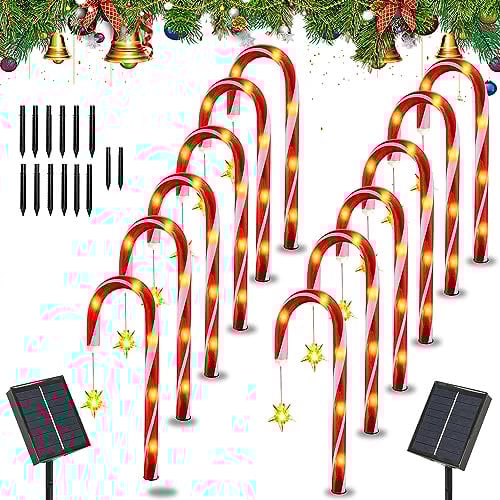 Outdoor Candy Weihnachten Dekoration Lichter,12Pcs Zuckerstangen Lichterketten Weihnachtsweg Set,Solar Candy Cane Lichter,Led Landschaftsbeleuchtung Wasserdicht