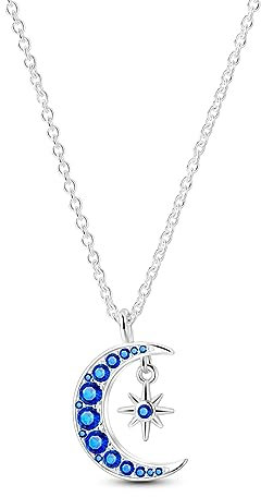 NARMO 925 Sterling Silber Halbmond Stern Halskette Blau Cubic Zirkonia Mond Anhänger Halskette für Frauen Mädchen Geburtstag Schmuck Geschenke
