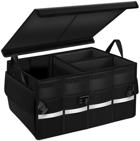 Organizer Bagagliaio Auto, Waterproof 600D Tessuto Oxford Organizer Auto e SUV Multi Scomparto Pieghevole, Robusta Fondo Antiscivolo, Cinghie Regolabili, Coperchio Pieghevole (51x34x27cm, Nero)