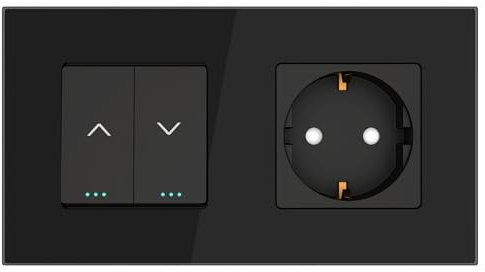 PULSAR Rolladentaster mit Steckdose Unterputz Glas Schwarz 2 Fach - Jalousietaster Rollo/Rouleau/Jalousette Taster mit Wandsteckdose 157 x 86mm