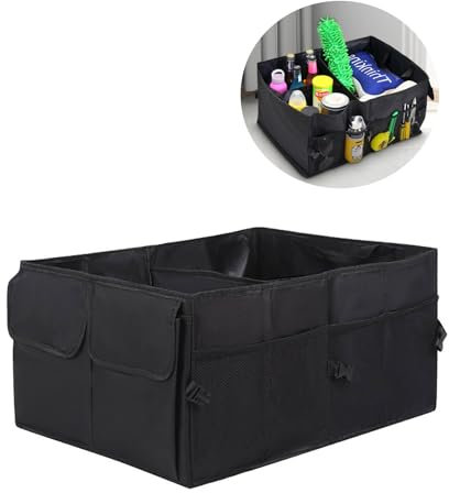TSQZE Kofferraumbox, Wasserdicht, Faltbar, Schwarz, 52x38.5x26cm, Auto Kofferraum Organizer Box mit Fächern für Einkauf, Ordnung, Transport