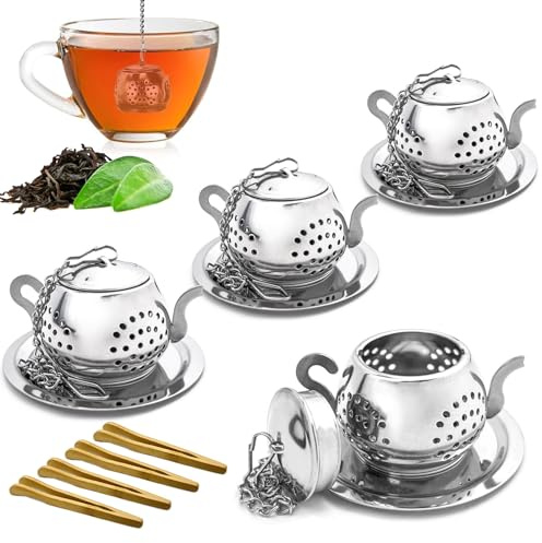 cersaty 304 Edelstahl Tea Infuser 5.2×3cm Teefilter für Teeliebhaber 4 Stk | Rostfrei,Kratzfest und langlebig Teesieb für die Meisten,Teekannen,Tassen,Teeflaschen mit 4 Stk Holz Teeklammer