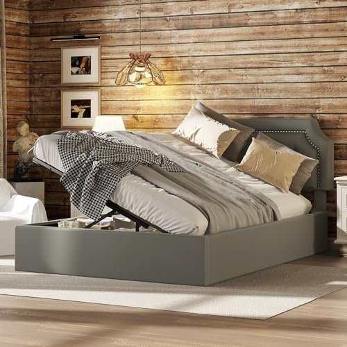 WIZBED Boxspringbett mit Bettkästen, 140 x 200, hydraulisches Polsterbett Doppelbett Bett mit Großer Stauraum und Kopfteil, Stauraumbett, Bettgestell, Stilvoll, Kunstleder, ohne Matratze Grau