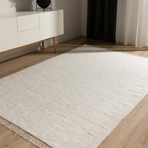 benuta Basic Baumwollteppich Tom - Creme 120x170 cm - Handgewebter Wohnzimmer Teppich - 100% Recycelte Baumwolle - Für Fußbodenheizung geeignet