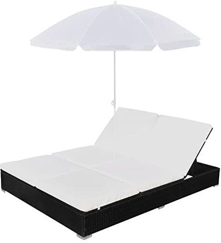 Homgoday Outdoor-Loungebett mit Sonnenschirm Doppelliege Gartenliege Relaxliege Sonnenbett Gartenbett Sonneninsel Liege Liegestuhl Gartenmöbel Rattanmöbel Poly Rattan Schwarz