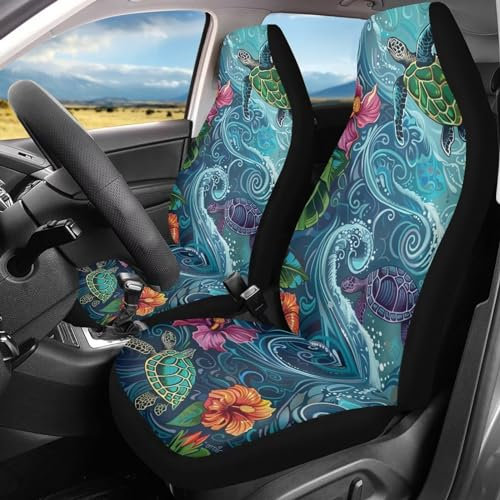 Salabomia Autositzbezug, hohe Rückenlehne, dehnbar, für Damen, bequem, 2-teilig, universelle Passform für die meisten Pkw, Design Meeresschildkröte, Hibiskus, Blau