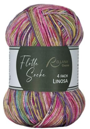 Rellana Flotte Socke 4f. Woolfree Linosa,93% Polyacryl und 7% Stretch-Polyester,100 g = ca. 420 m (1835 pink-flieder-lindgrün-gelb)