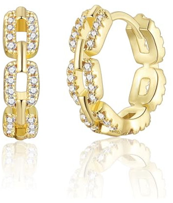 Silver Hoop Earrings for Women, Chain Link Hinged Huggie Hoop Hypoallergenic Cubic Zirconia Small Hoop Earrings Jewelry Gift for Birthday Wedding, Gold