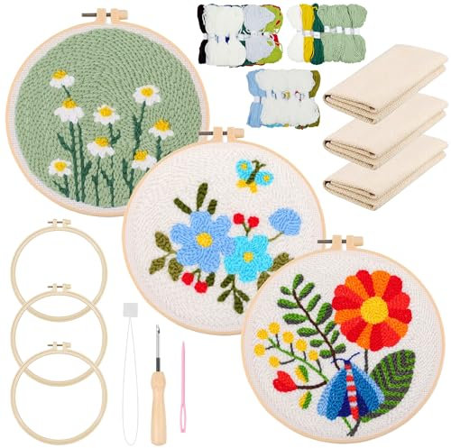 Allazone 3 Stück Punch Needle Embroidery Starter Kit, Stanznadel Stickerei Starter Kit mit Blumenmuster, DIY Stanznadel Kit mit Stickrahmen, Punch Needle Stoff, Fäden, Einfädelhilfe