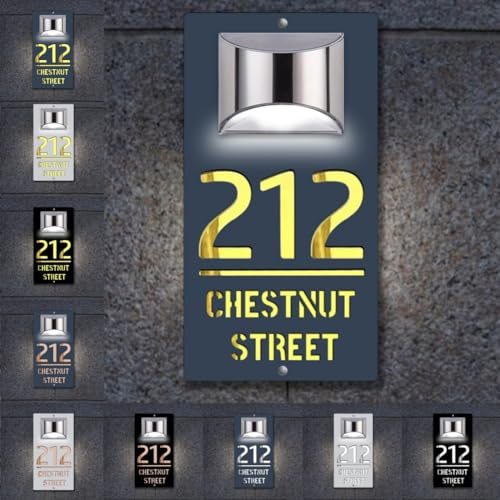 Panneau de maison personnalisé avec lumière solaire - Plaque de numéro de porte personnalisée pour mur de maison avec plaques nominatives lumineuses pour l'extérieur et l'extérieur