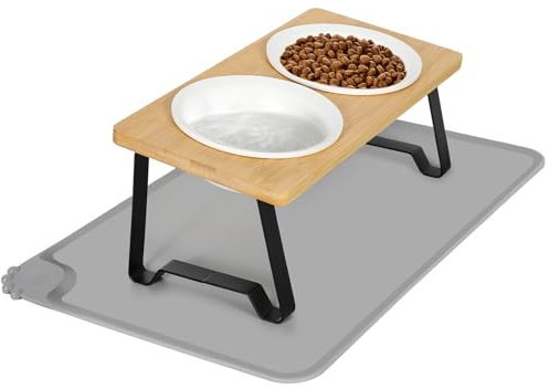 Avmvnvc Gamelle Chat Surélevée, Gamelle Chat, 2 Bols Chat Ceramique de Nourriture, Gamelle pour Chat avec Support 15° Incliné mit Tapis Gamelle Chat, Gamelle Chien pour Chats et Petits Chiens