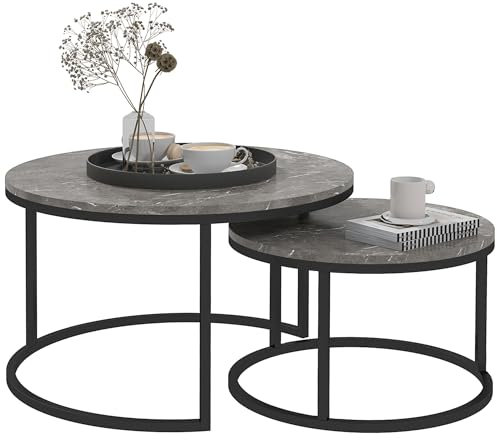 HOMCOM 2er-Set Couchtische, runder Couchtisch, stapelbar, Industriedesign, Couchtisch Wohnzimmer, Metallbeine, grau