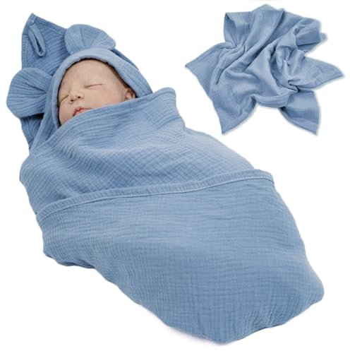 PaLulli® 100x100cm Baby Pucktuch Musselin Decken Zweischichtig - Handtuch mit Kapuze und eingenähten Ohren, Wickeln, 100% Naturreine Materialien, Antiallergisch, Atmungsaktive (Blau)