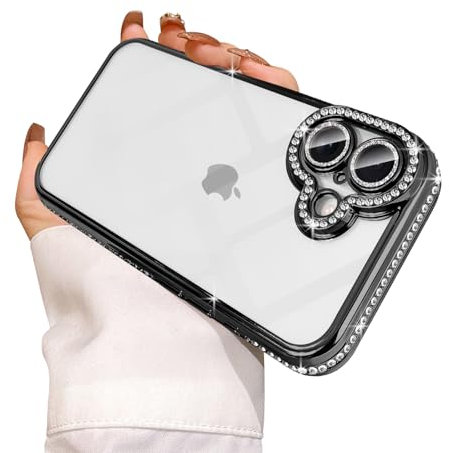 Reownest Clear for iPhone 16 Case Cute Crystal Glitter Bling Women Girls Aesthetics Phone Cover with Sparkle Diamond Camera Len Protector -Black