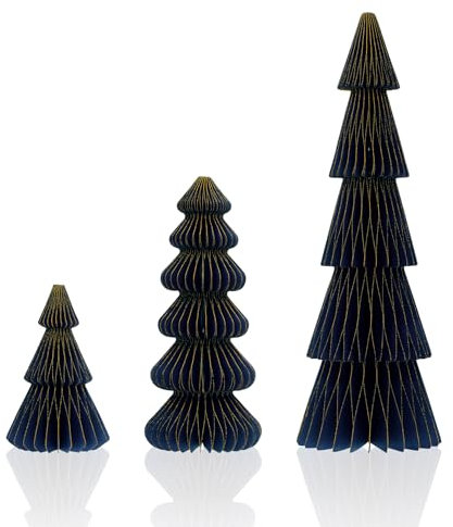 3-teiliges Weihnachtsbaum-Set aus blauem Papier mit Wabenmuster, 40,6 cm, 25,4 cm, 15,2 cm, mit goldenem Glitzerrand – magnetisches Design, ideal für Kaminsims, Büro und Tischdekoration